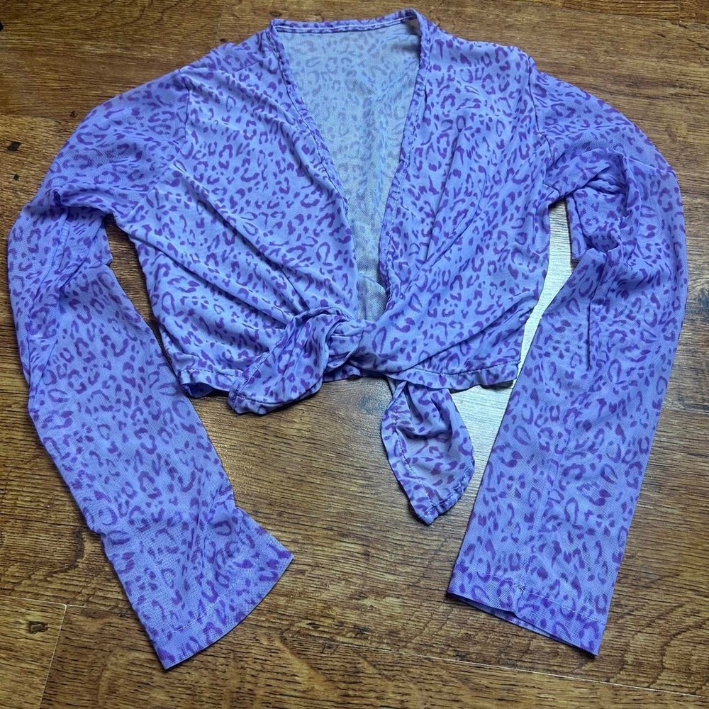 Purple Leopard Print Mesh Front Tie Long Sleeve Crop Top Small Y2K Barbie baddie